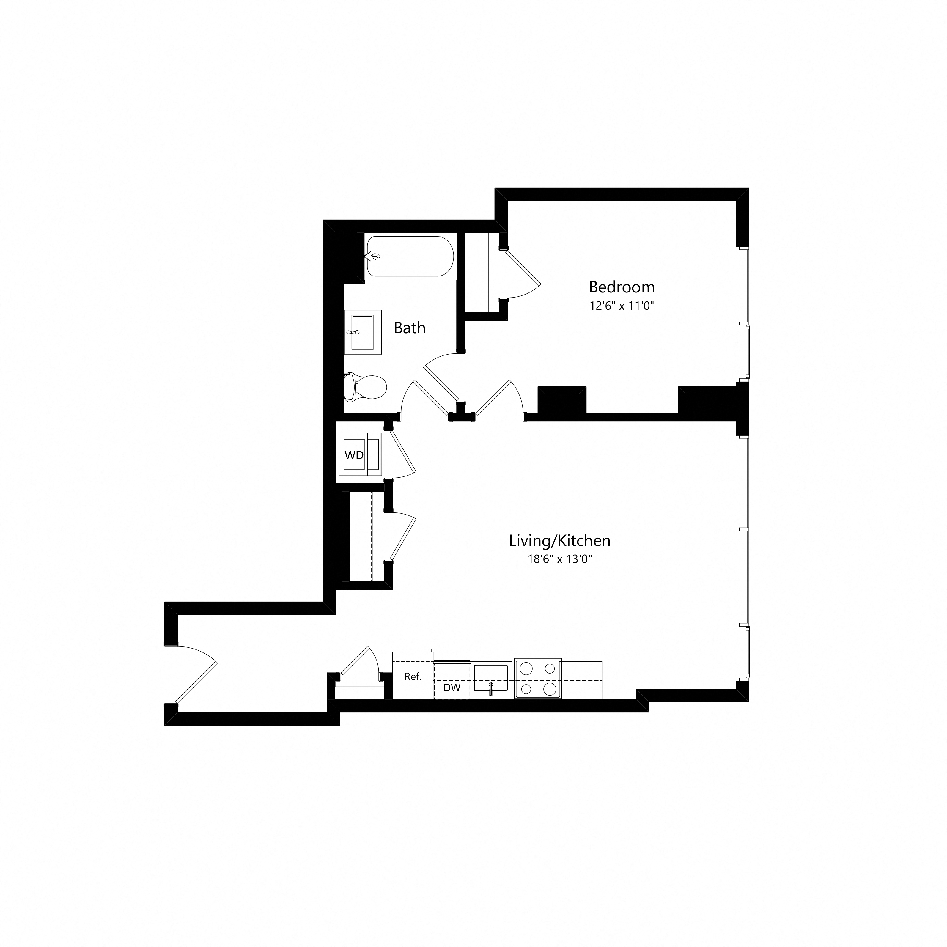 Floor plan for 1 bed, 1 bath, 639 sqft